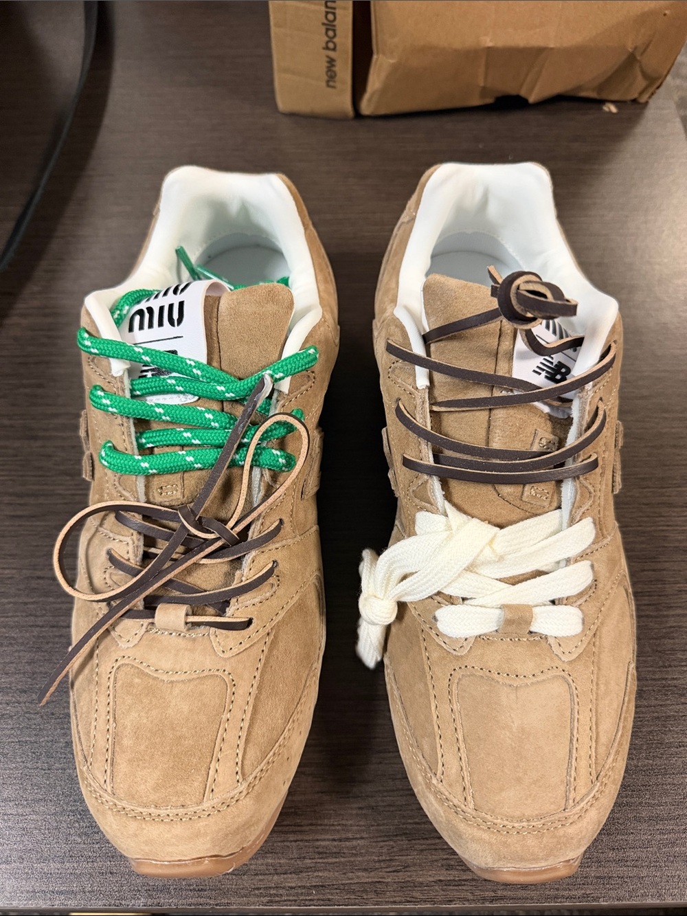 New Balance Women’s Suede Sneakers in Tan with Green and White Accents